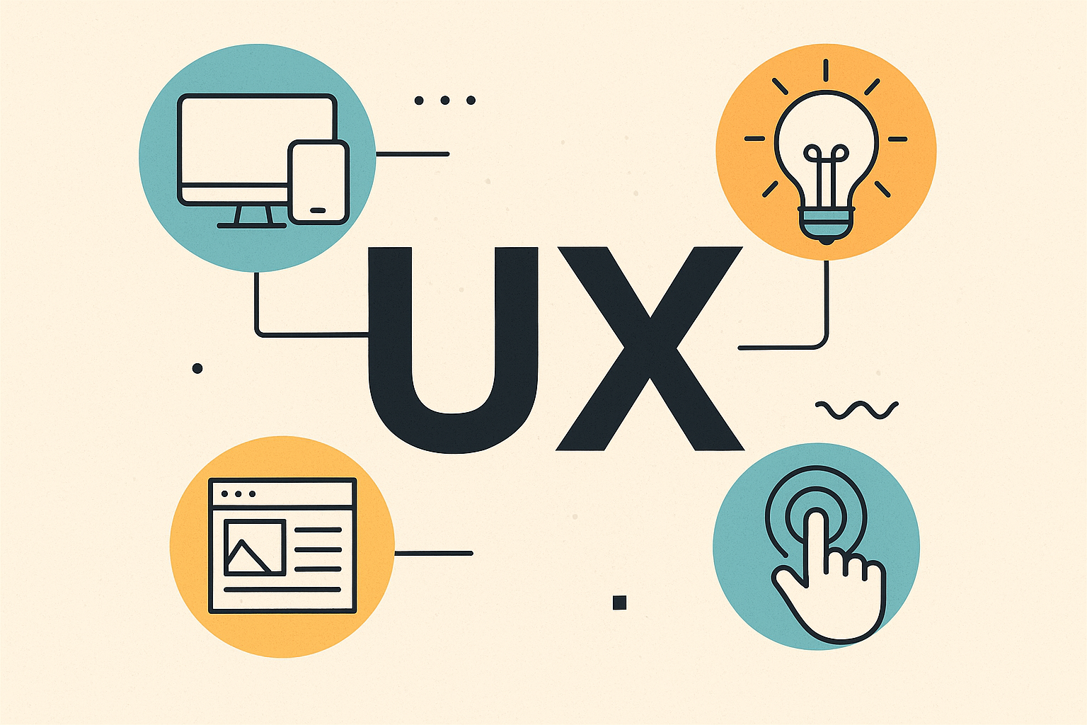 Ecommerce Website Development Company Near You
UX design illustration showing user experience elements like responsive devices, website layout, touch interaction, and creative ideas, represented through modern vector icons around the bold “UX” text.