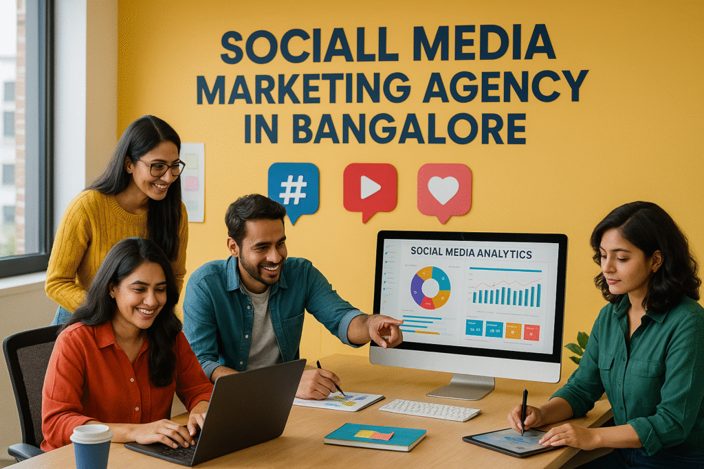 Social Media Marketing Agency in Bangalore
A team of young professionals in a modern office working on social media analytics, with the text “Social Media Marketing Agency in Bangalore” .