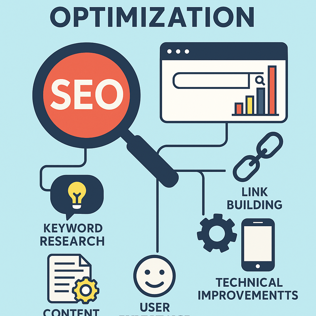 SEO Experts Near Me “Flat-design SEO infographic showing keyword research, content optimization, link building, technical improvements, and user experience connected to a magnifying glass labeled SEO.”