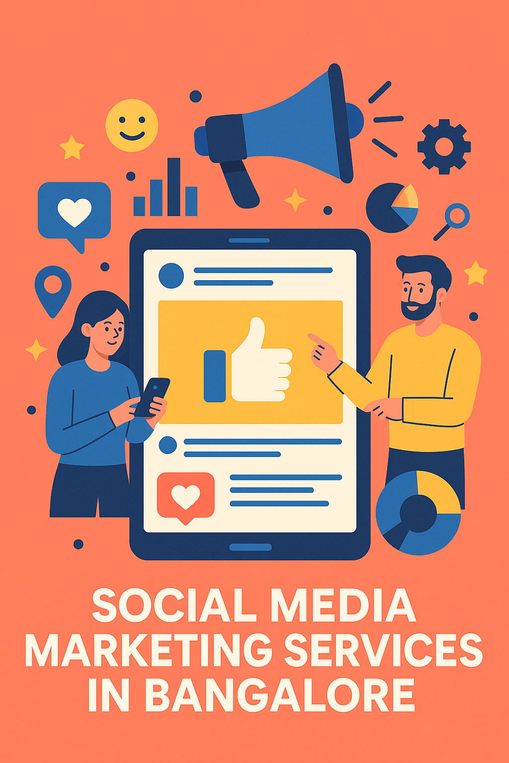 Illustration showcasing Social Media Marketing Services in Bangalore with digital icons, engagement elements, and marketers interacting around a large mobile screen.